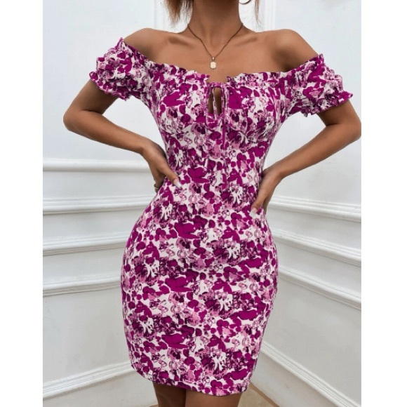 Boho green Floral Print Off Shoulder Bodycon Dress - Picture 11 of 16